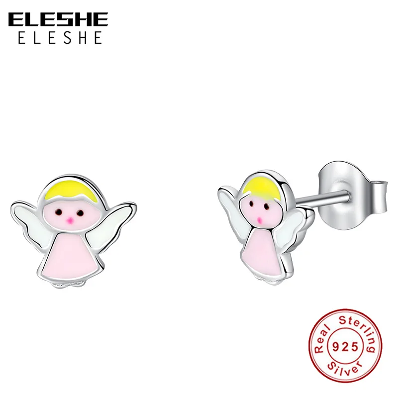 

ELESHE Cute Children Jewelry 925 Sterling Silver Earrings Pink Enamel Angel Small Stud Earrings For Child Girls Baby Bijoux Gift