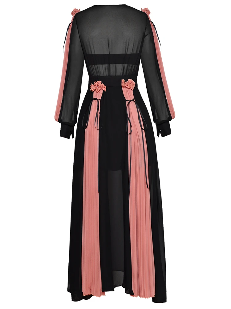 Высококачественное дизайнерское подиумное платье, женское осеннее шифоновое Плиссированное длинное платье с v-образным вырезом и рукавами-фонариками, богемное пляжное платье