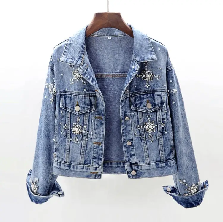 

2019 spring and autumn new beaded long-sleeved denim jacket female turn down collar short loose jean jacket 1925
