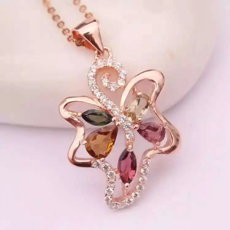 

natural multicolor tourmaline pendant S925 silver Natural gemstone Pendant Necklace trendy butterfly women wedding jewelry