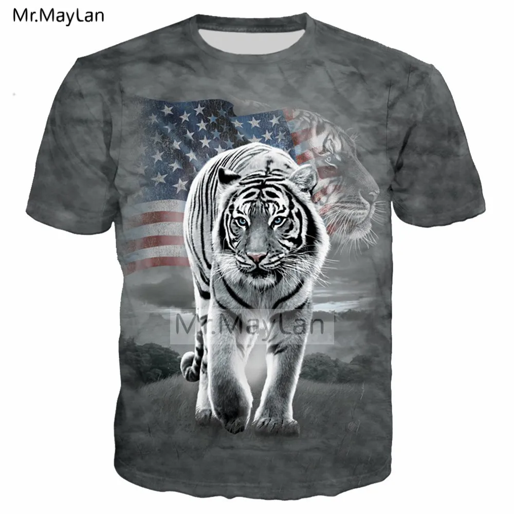 

Animal White Tiger American Flag Print 3D T shirt Men/women Cool Oneck T-shirt Boys Hipster Streetwear Gray Tshirts Man Clothes