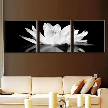 

3 Pcs/Set Canvas Print Flower White Lotus In Black Wall Art Picture with Frame Modern Wall Paintings High Quality