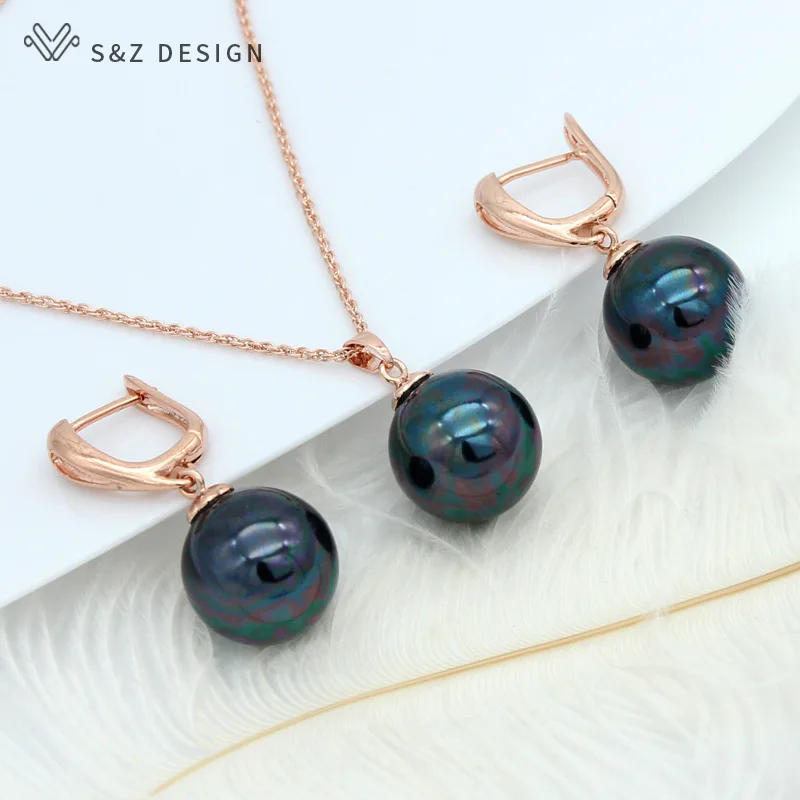 S&Z DESIGN New Trendy Round Imitation Pearl Dangle Earrings Jewelry Sets For Women Wedding 585 Rose Gold Color Pendant Necklace