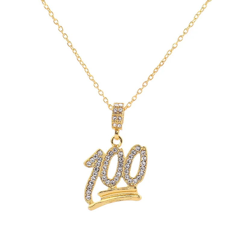 

Golden Emoji 100 Logo Pendant Necklace Iced Bling Rhinestone Crystal Men Hip Hop Jewelry Free Miami Cuban Chain Drop Shipping