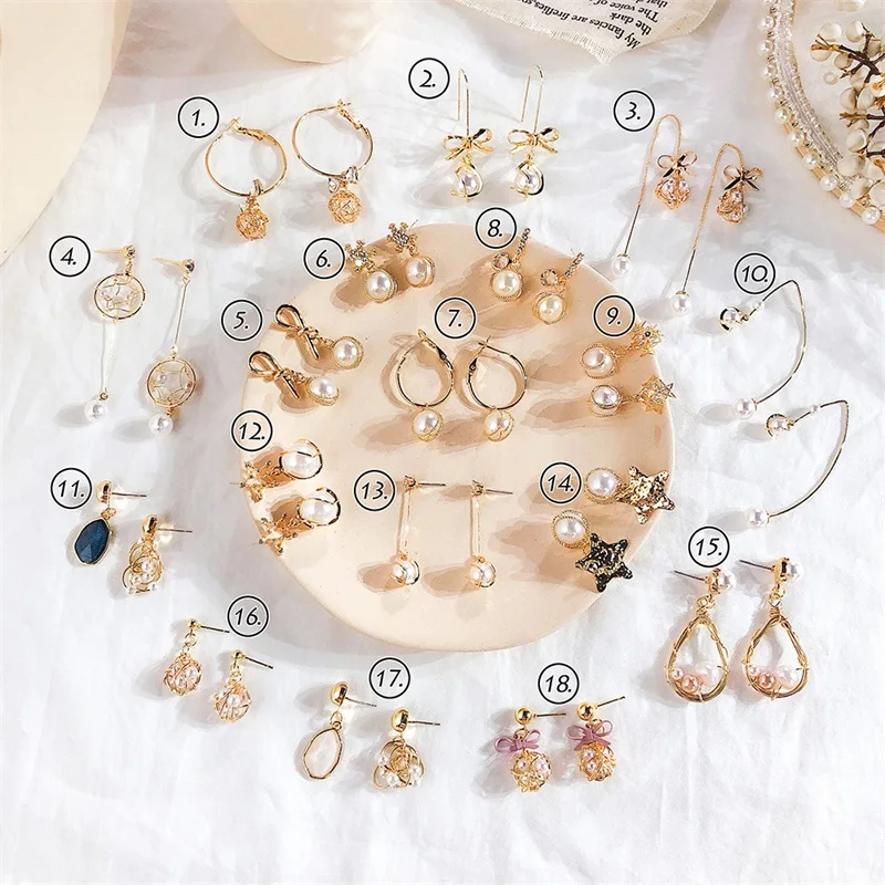

Korea Wrapped Pearl Bow Gold Meteorite Long Pendant Earrings Temperament Geometry Trendy Wild Women Earrings Jewelry Gifts