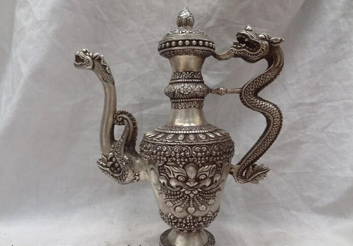 

S4837 12" Chinese Silver Buddhism Auspicious Dragon Lion Lion Statue Wine Pot Teapot D0318