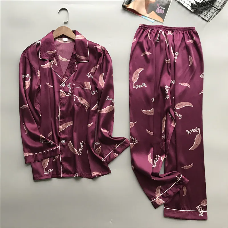 Новая брендовая мужская пижама с длинными рукавами, шелковая мужская пижама с принтом, Повседневная Домашняя одежда, мужская одежда для