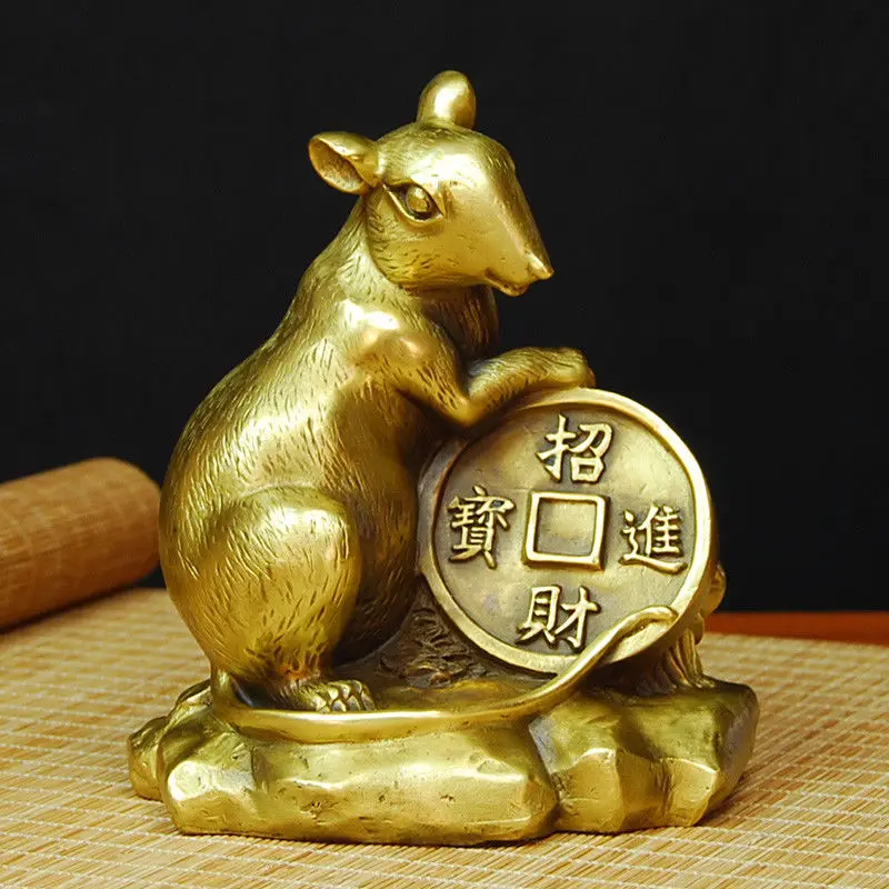 China Handmade Collectible brass zodiac mouse coin statue Decoration