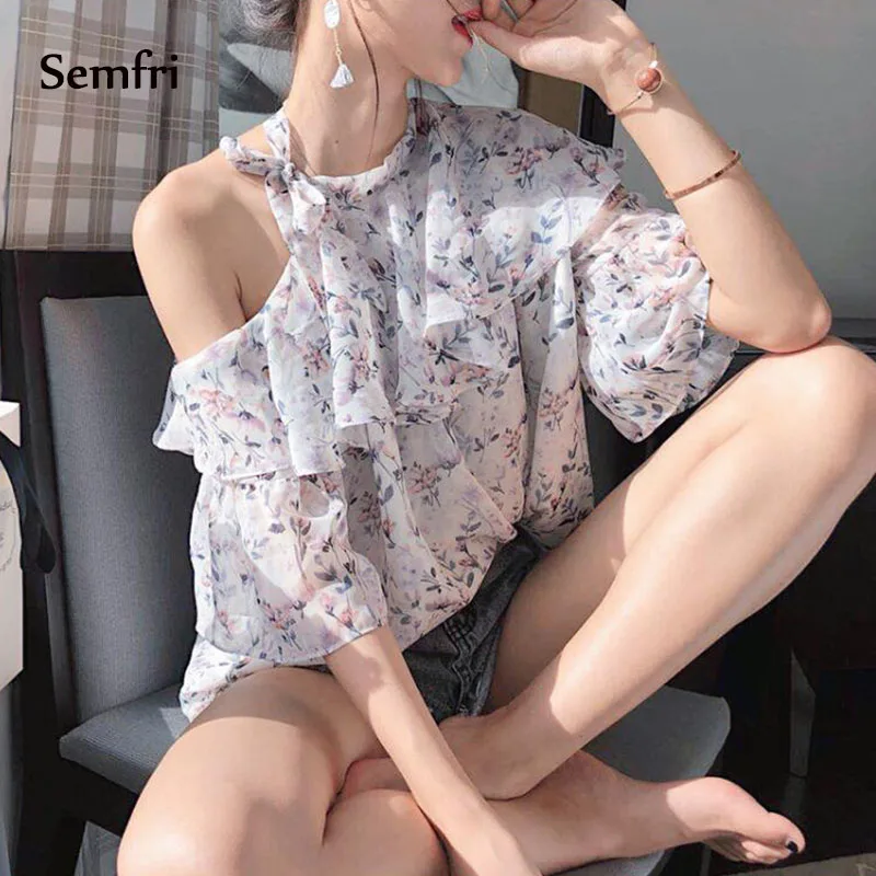 Sempi женская летняя шифоновая блуза свободного кроя с открытым плечом 2019 Новая