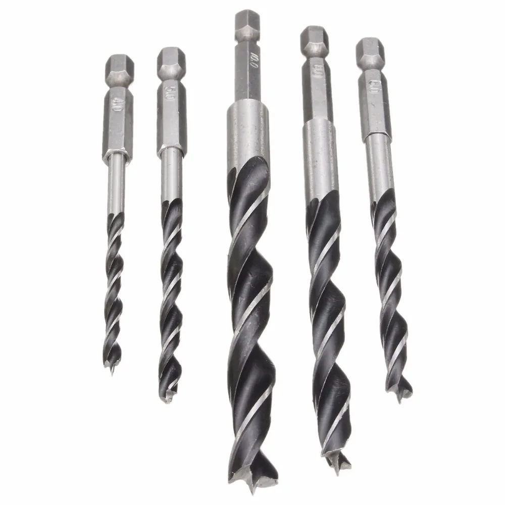 

5pc 1/4" Hex Shank Wood Drill Bit Set 4mm 5mm 6mm 8mm 10mm For Woodworking Hole Drilling Cone Drill Bit Woodworking Drill