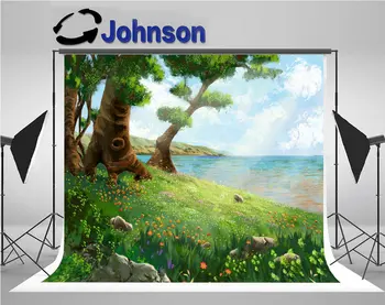 

River Bank Flowers Trees Cartoon sea beach flower grass backdrop Vinyl cloth Computer print children kids background