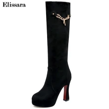 Elissara/зимняя обувь; женские сапоги до колена на высоком каблуке; женские модные высокие сапоги на молнии и платформе; большие размеры 33-45