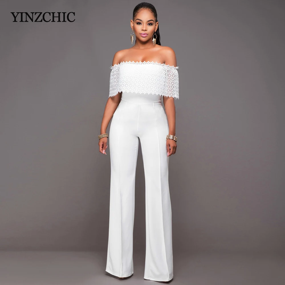 

Summer Woman Slim Jumpsuit Solid White Black Lace Patched Ladies Slim Jumpers Sexy Slash Neck Female Casual Jumpsuits