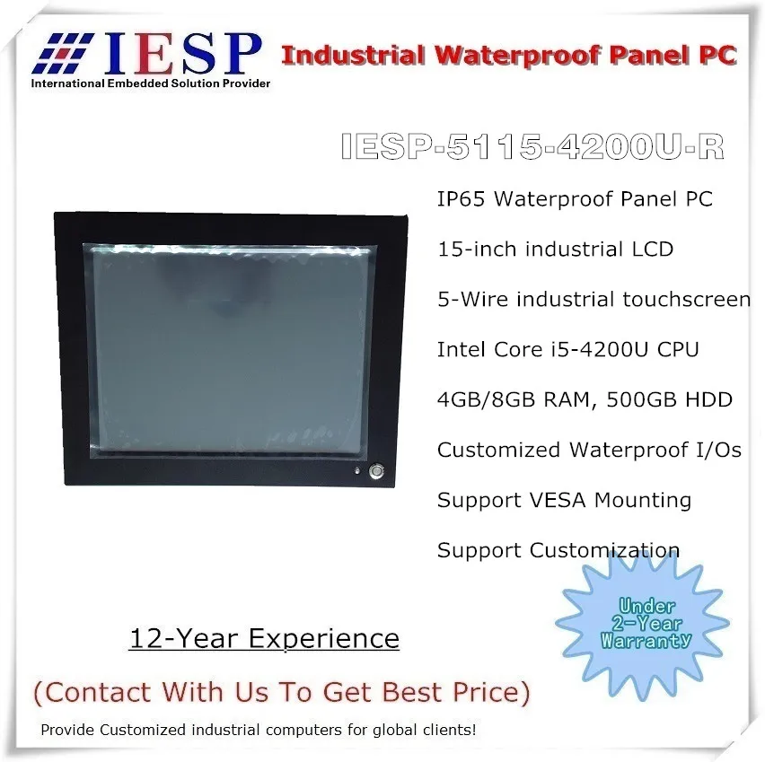 IP65 водонепроницаемая панель PC, Core i5-4200U Процессор, 15 дюймов ЖК-дисплей, 4 Гб DDR3 Оперативная память, 500 Гб HDD, 5-w сенсорного экрана, промышленная панель без фена ПК