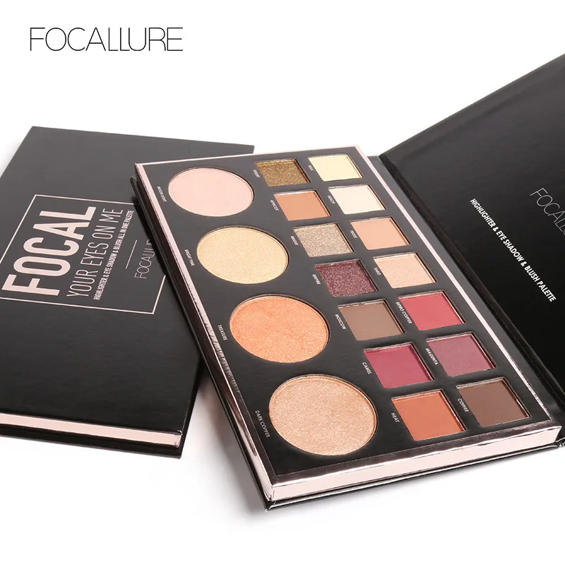 FOCALLURE New Highly Pigmented Glitter Eye Shadow Flash Shimmer Eyeshadow with Bush Highlighter Palette Face Makeup Tools |