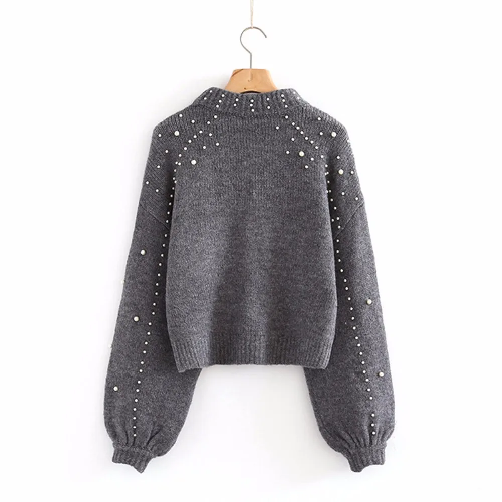 Winter Women Pullover Sweaters Grey Elegant Pearls Beading Knitting Pullover Jumper Long Sleeve Autumn Tight Sweater