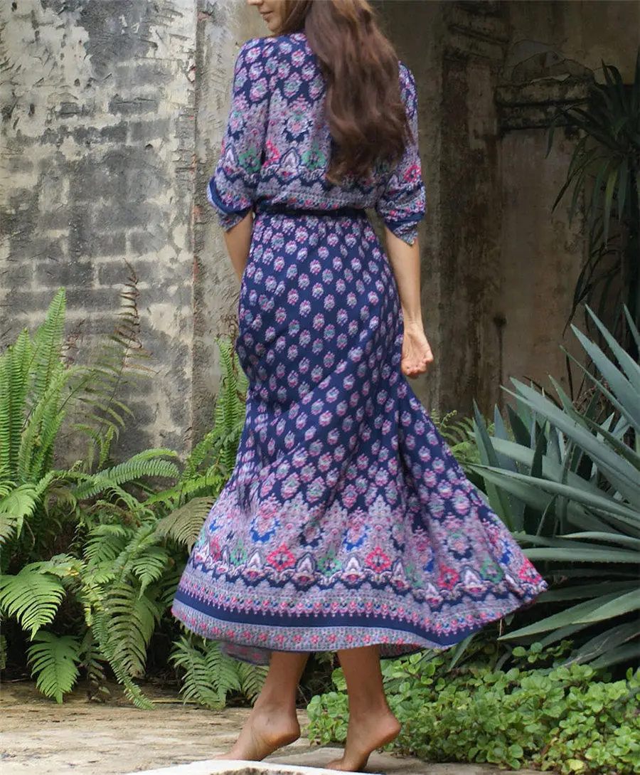 Gladiolus Boho Long Summer Dress Women Half Sleeve V Neck Button Print Floral Women Beach Dress 2019 Ladies Sexy Maxi Dresses (38)
