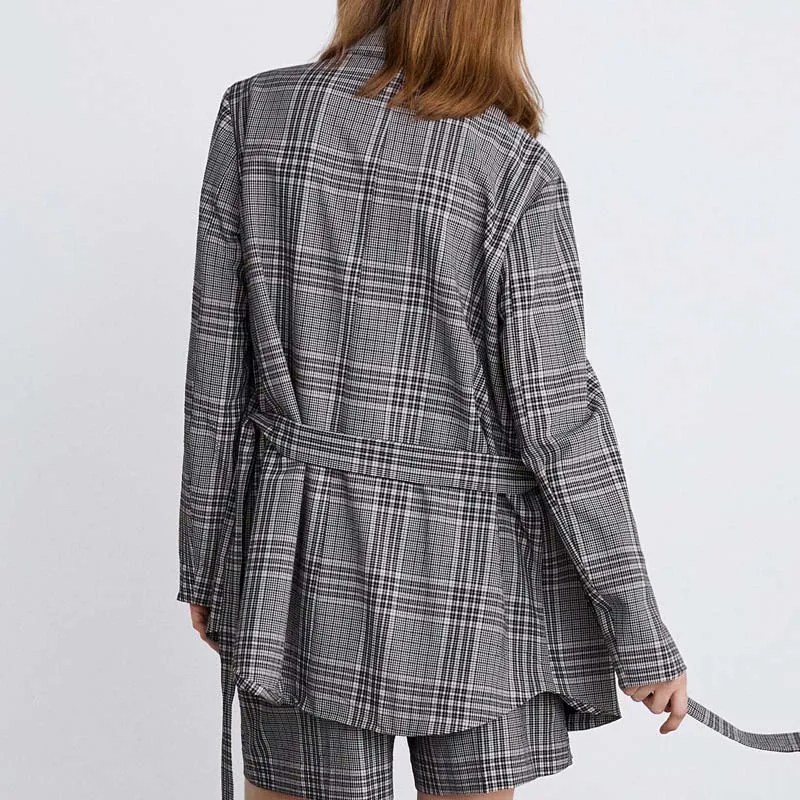 Vintage Double-breasted Checkered Blazer Women Long Office Lady Suit Coat 2019 Spring Autumn Jacket Women with Sashes AO932 Vintage Double-breasted Checkered Blazer Women Long Office Lady Suit Coat 2019 Spring Autumn Jacket Women with Sashes AO932