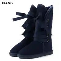 JXANG Australia Classic Fashion High Snow boots Women boots Genuine Cowhide Leather Lace up Long boots Fur Warm Winter Boots