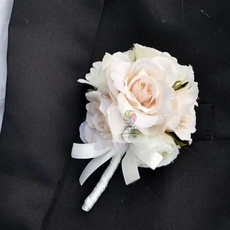 

Wedding Man Boutonniere & Girl Bride Bridesmaid Wrist Rose Corsage Flower in Ivory Purple Pink Groom Pin Brooch