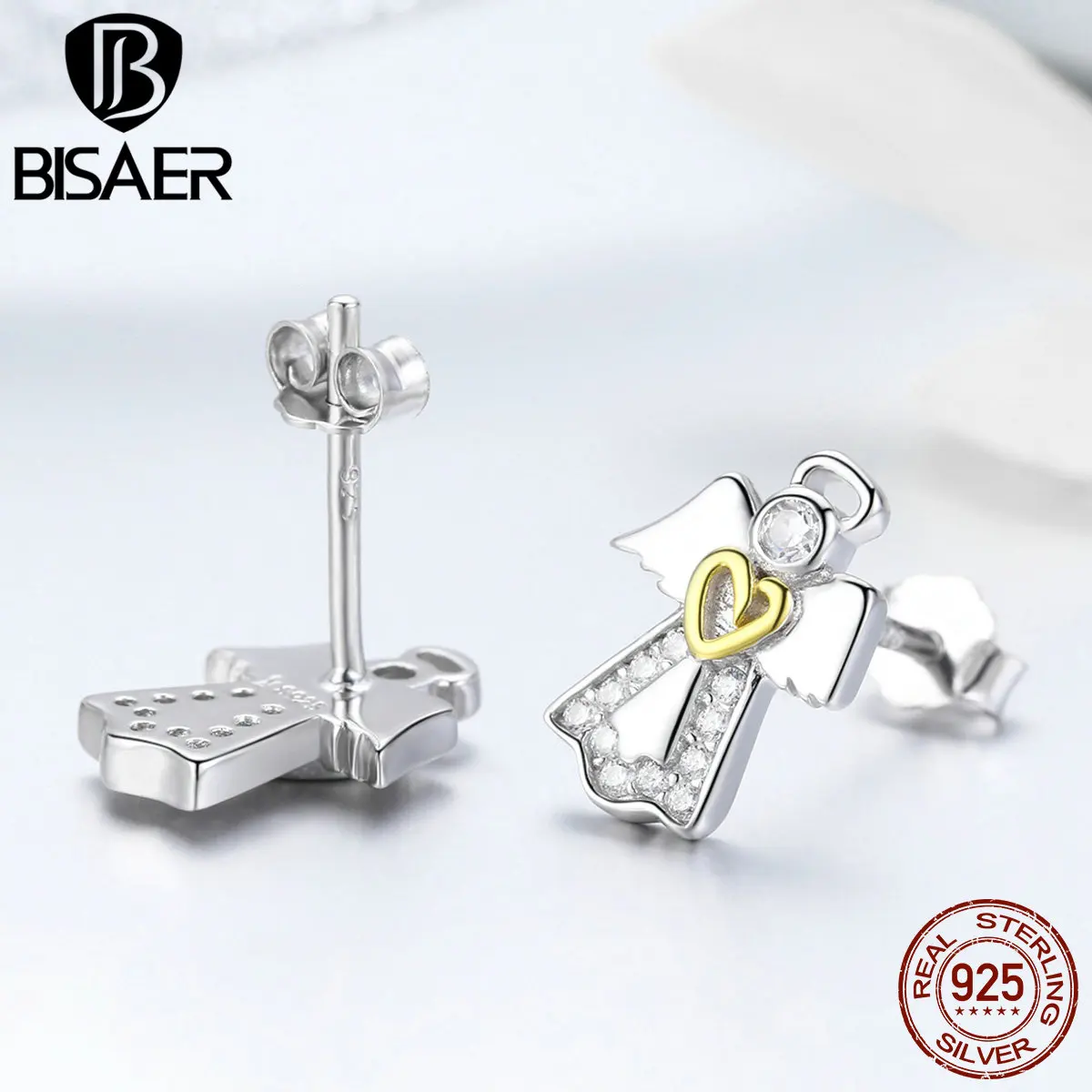 BISAER 925, серебряное кольцо, сердце, ангел-хранитель, висячие серьги для женщин, модное ювелирное изделие, золотой цвет, подарки на день Святого Валентина, GXE476