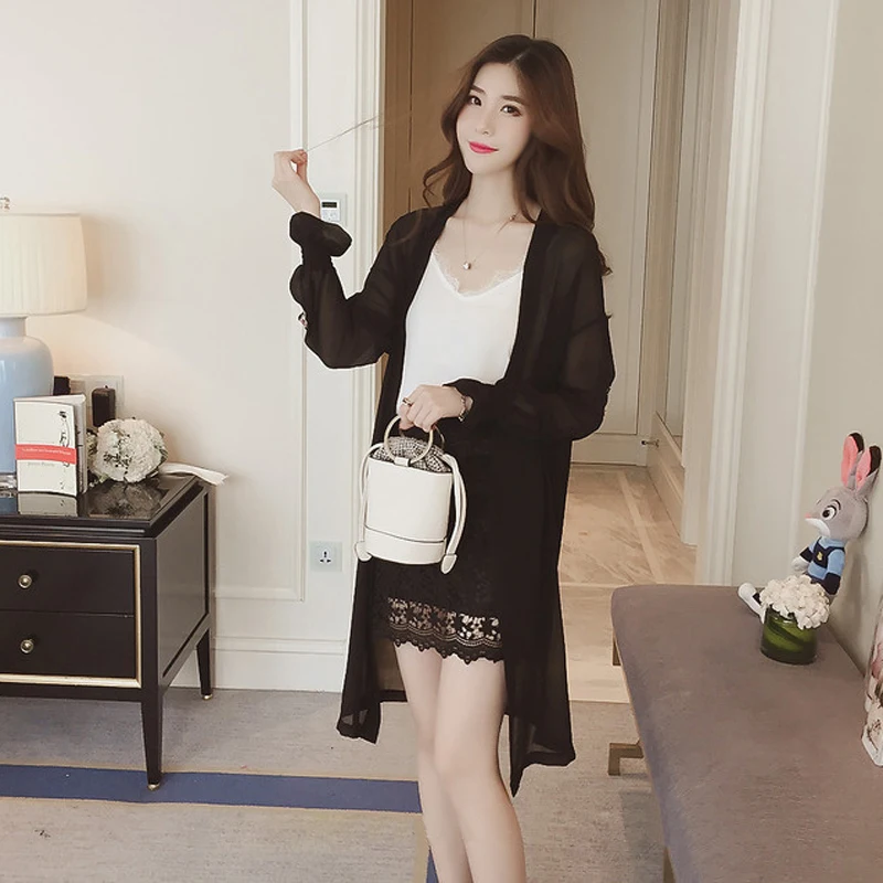 Women Tops Cardigan Casual Summer Long Sleeve Loose S~2XL Chiffon Ladies Blouse