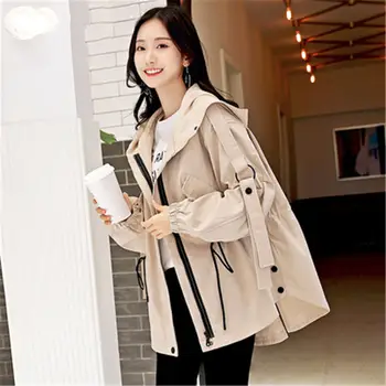 

2020 Spring Autumn Trench Coat Women's Zipper Hooded Coats Loose Large Size Windbreaker Drawstring waist Females Outerwear n694