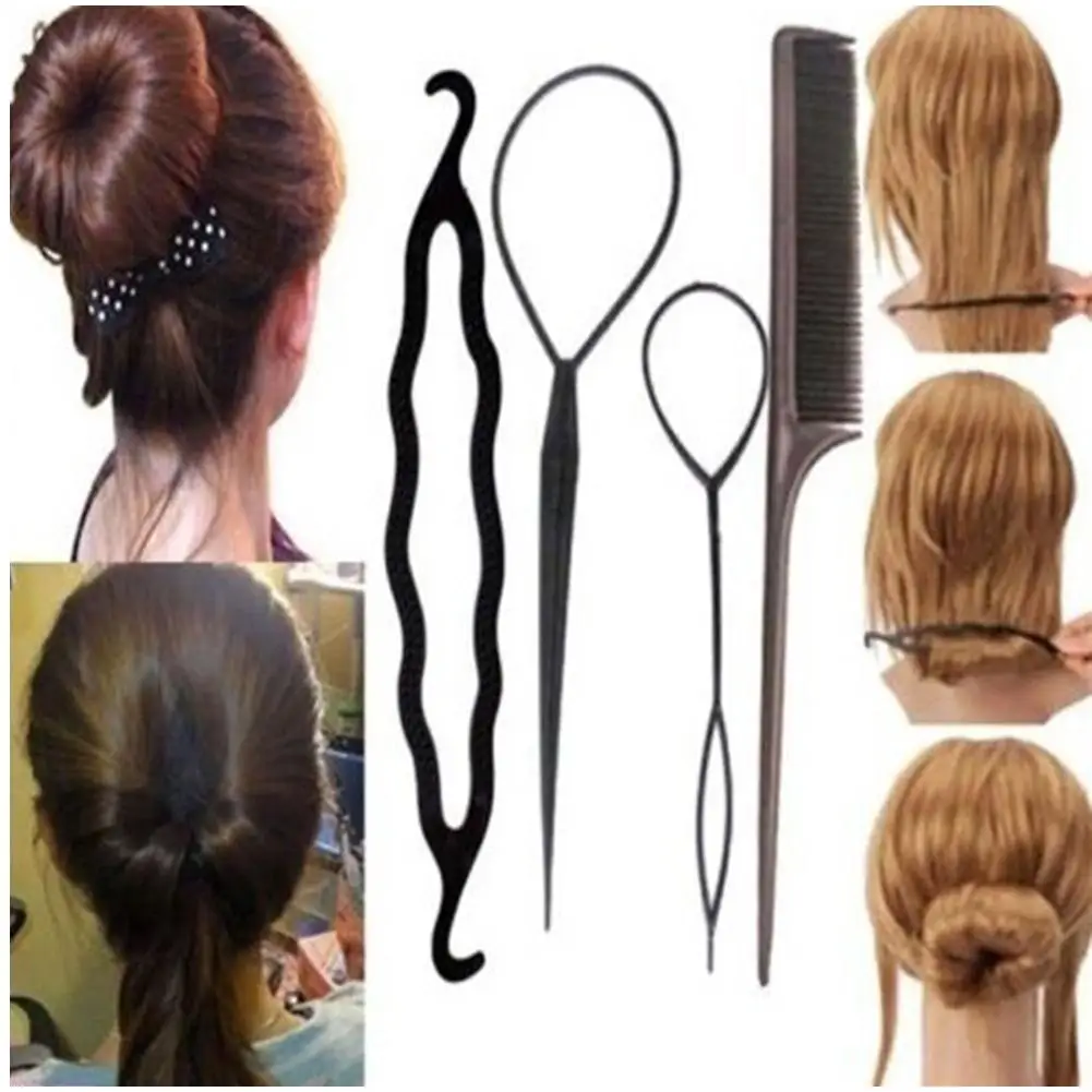 

4Pcs Women's Hairpins Twist Styling Hair Clips Stick Braiding Comb Topsy Tail Hair Loop DIY Bun Donut Maker Braid Tool Girls