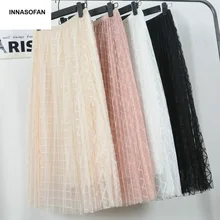 INNASOFAN/Женская юбка в клетку из тюля; сезон весна-лето; пляжная плиссированная юбка с высокой талией; модная юбка в европейском и американском стиле