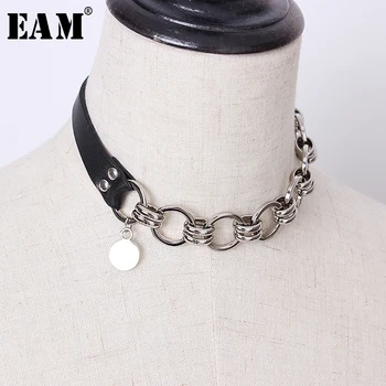 

[EAM] 2020 New Spring Summer Temperament Black Pu Leather Chain Split Joint Personality Women Necklace Fashion All-match JX460