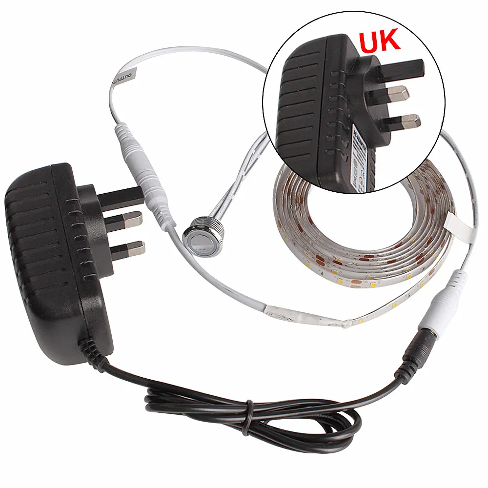 LED Strip UK Светодиодная лента с регулируемой яркостью 12 В, водонепроницаемый Светодиодный светильник Tiras с сенсорным переключателем, гибкая неоновая лампа 220 В, источник питания 5 м, светильник для шкафа - Испускаемый цвет: LED Strip UK