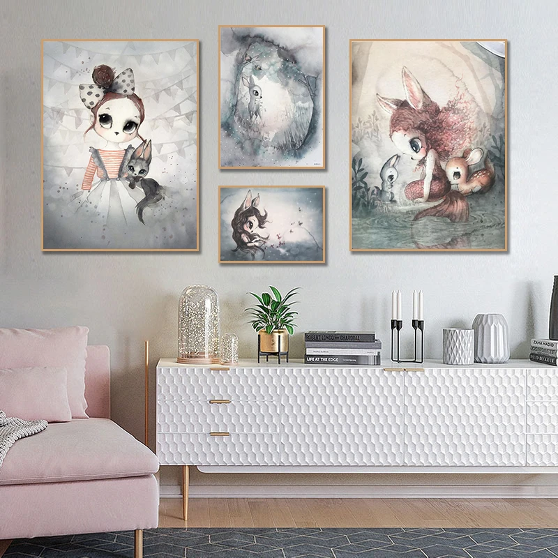 

LZN Wall Art Picture Nordic Canvas Painting Living Room Home Decor Poster Print Deer Rabbit Angle Wing Animal Sweet Girl Bedoom