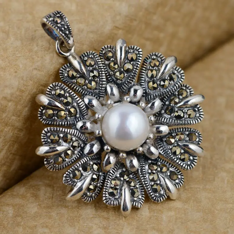 

Thai silver pendant S925 silver inlaid antique pearl wholesale import process female air Pendant
