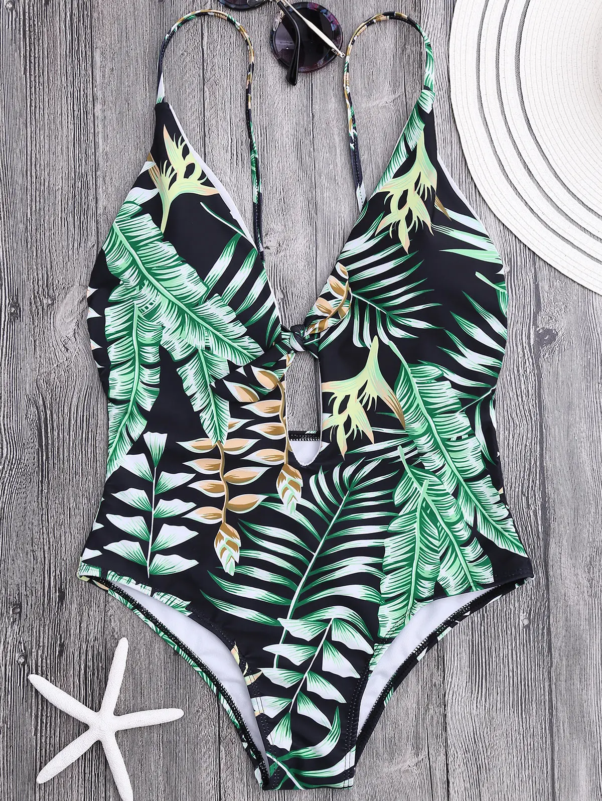 

Tropical Leaf Print Front Tie Swimsuit