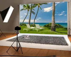 Фон для фотосъемки Приморский белый пляжный стул кокосовое дерево зеленая трава газон голубое небо белое облако природа пейзаж
