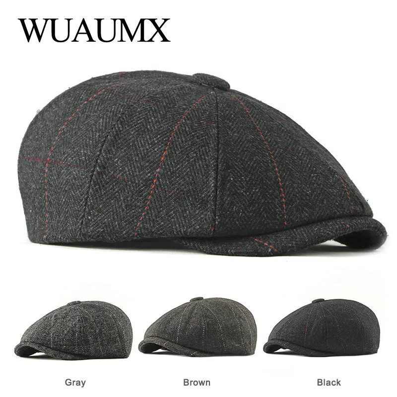 Wuaumx Ретро Newsboy шапки Мужские Восьмиугольные шляпы черные британские живописцы шапки осень зима береты в елочку плоские шапки gavroche