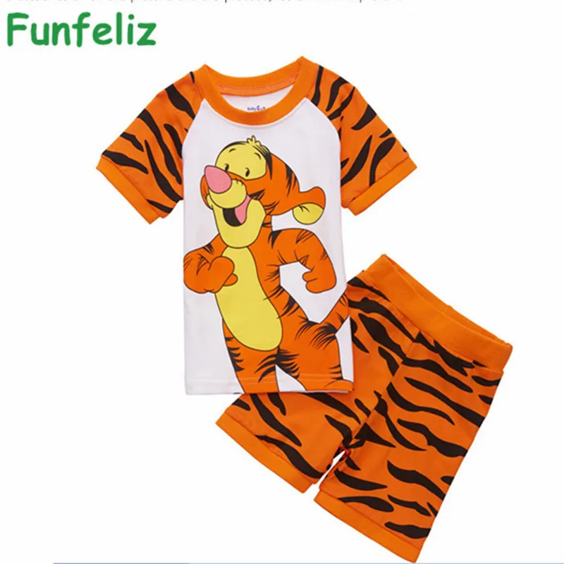 Boys summer Clothes Cartoon Tiger boy clothing set 2017 Summer Cotton Boys Pajamas set Cute Boy Pijama clothes 2T-7T