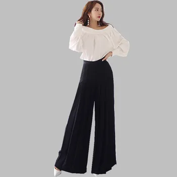 

HAMALIEL Women Trousers Suit Summer White Chiffon Slash Neck Work Shirt + Office Ladies Black Pleated Wide-Leg Length Pants Set