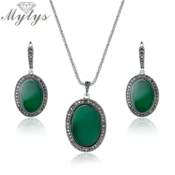 

Mytys Oval Round Dark Green Resin Stone Pendant Necklace and Drop Earrings Jewelry Sets for Women Retro Vintage Jewelry CN334