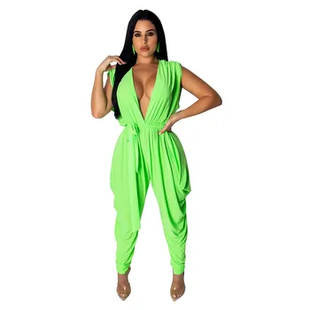 

2019 Summer Women Deep V Neck Jumpsuit Loose Lace Up Backless Jumpsuit Sexy Sleeveless Long Romper