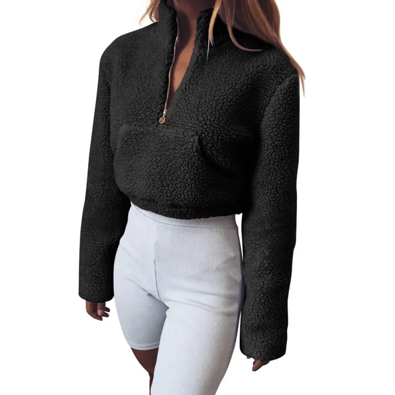 Women Hoodie Faux Fur Turtleneck Zipper Crop Top Pullover