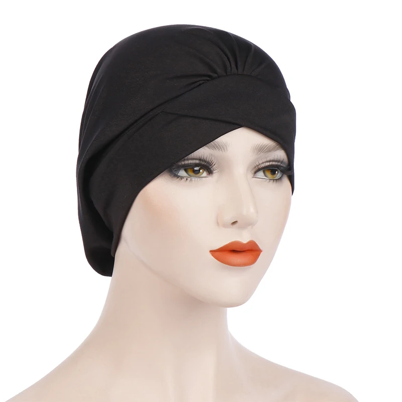 Удобные длинные волосы мягкие гладкие широкие боковые волосы шапка ночной сон шапка женский тюрбан шапочка для химиотерапии индийская шляпа для домашнего салона - Цвет: Black