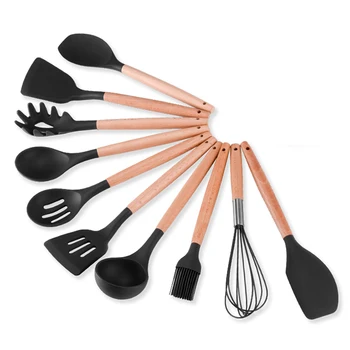 

Premium Silicone Kitchen Utensils 10-Piece Cooking Utensils Set with Bamboo Wood Handles for Nonstick Cookware