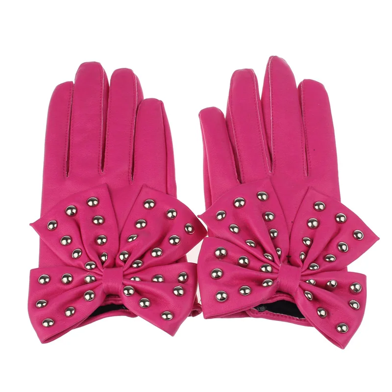 Longkeperer кожаные женские зимние перчатки с большим бантом для танцев вечерние Ретро Винтажные варежки черные белые розовые красные