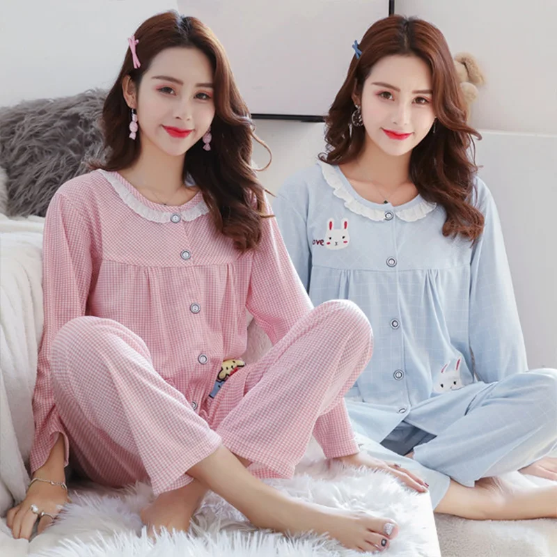 Plus Size 100 Cotton Pajamas Sets for Women Long Sleeve Casual Plaid