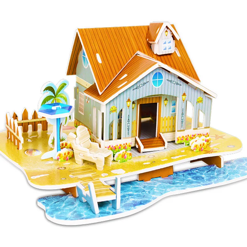 

DIY 3D Puzzle Beach Model Cartoon House Assembling Paper Toy Kid Early Learning Construction Pattern Gift Children House Puzzle
