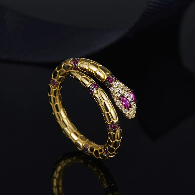 

AAA Fashion Adjustable Free Sterling Silver Ring Micro Pave Red White Zircon Vintage Gold Snake Rings Wedding Jewelry for Women