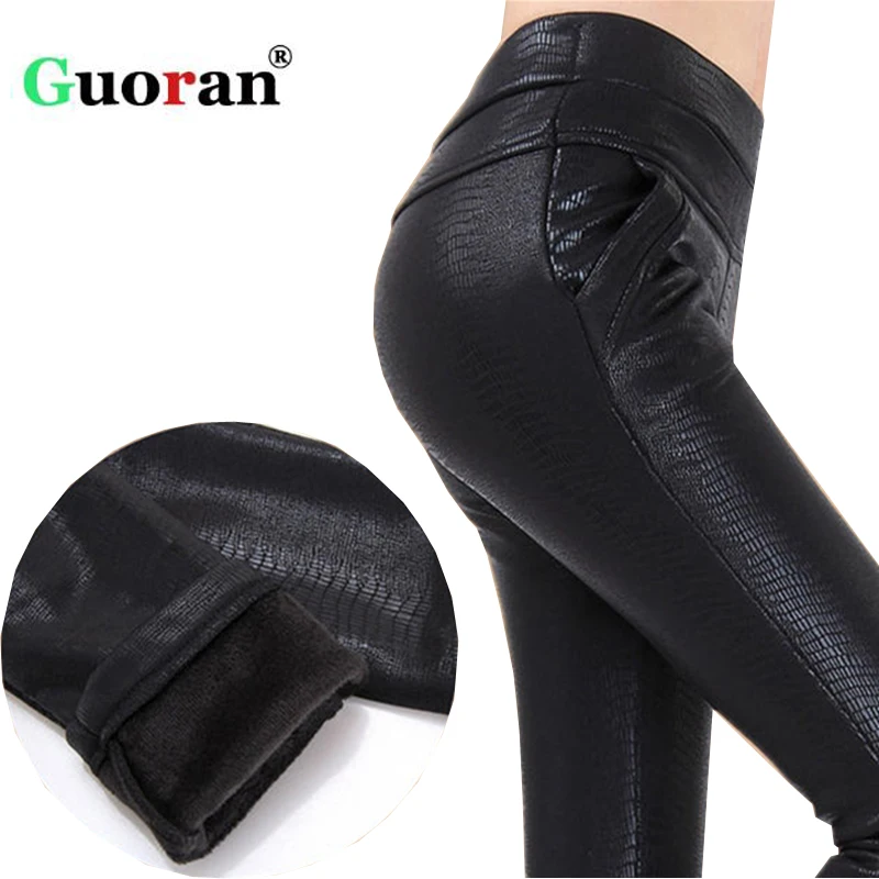 Kopen Krokodil patroon Lederen Broek Vrouwen Winter Warme Fleece Winddicht Zwart Lederen Leggings Femme Pantalon Hoge Taille