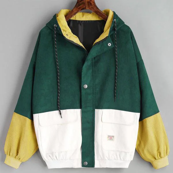 

2019 Korean version of the college wind student loose color matching hooded baseball uniform corduroy tooling jacket female spot