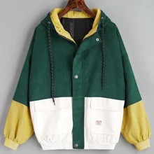 2019 Korean version of the college wind student loose color matching hooded baseball uniform corduroy tooling jacket female spot